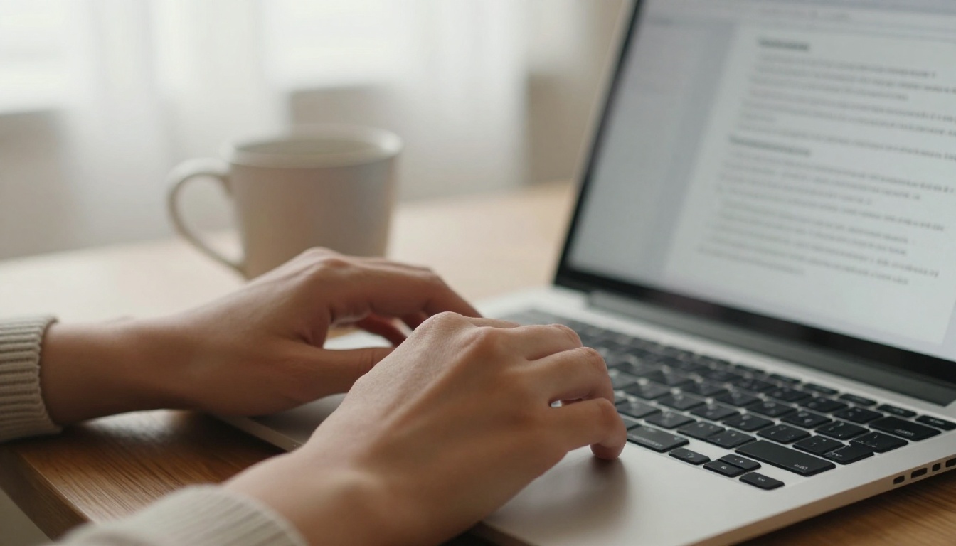 Hands typing an ebook outline on a laptop with a cup of tea nearby