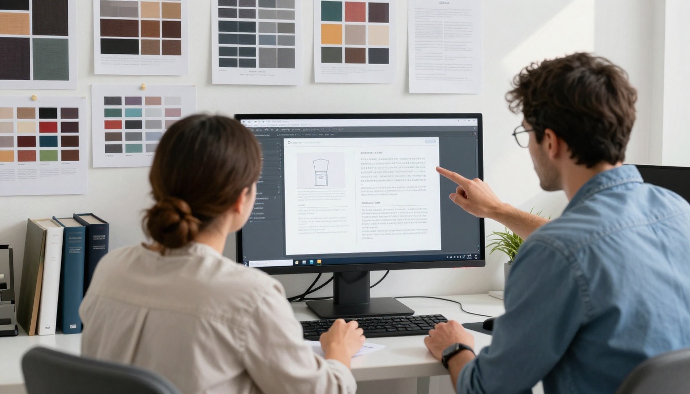 Two colleagues reviewing an ebook layout on a large monitor in a design studio