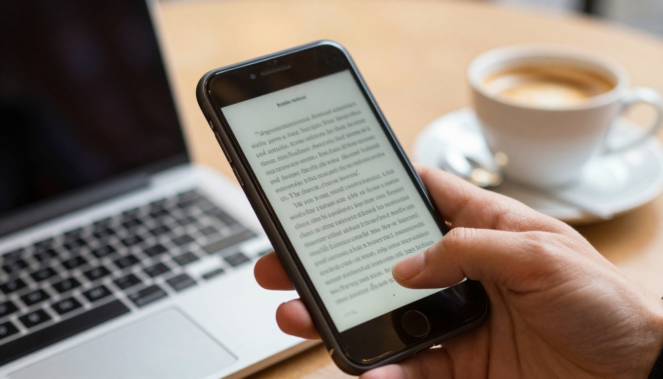 Smartphone showing an ebook with turning pages on a cafe table