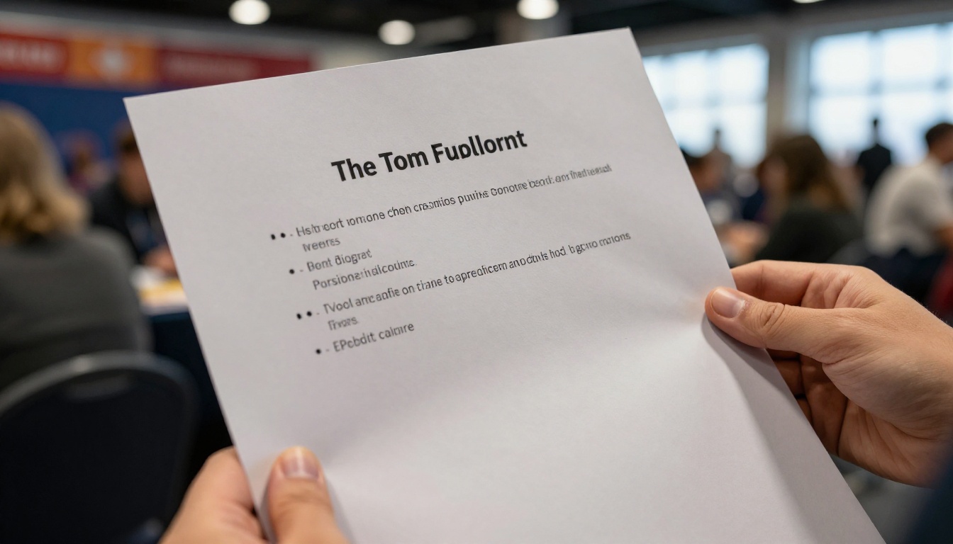 Publisher holding a printed one-page board game sell sheet at a convention table