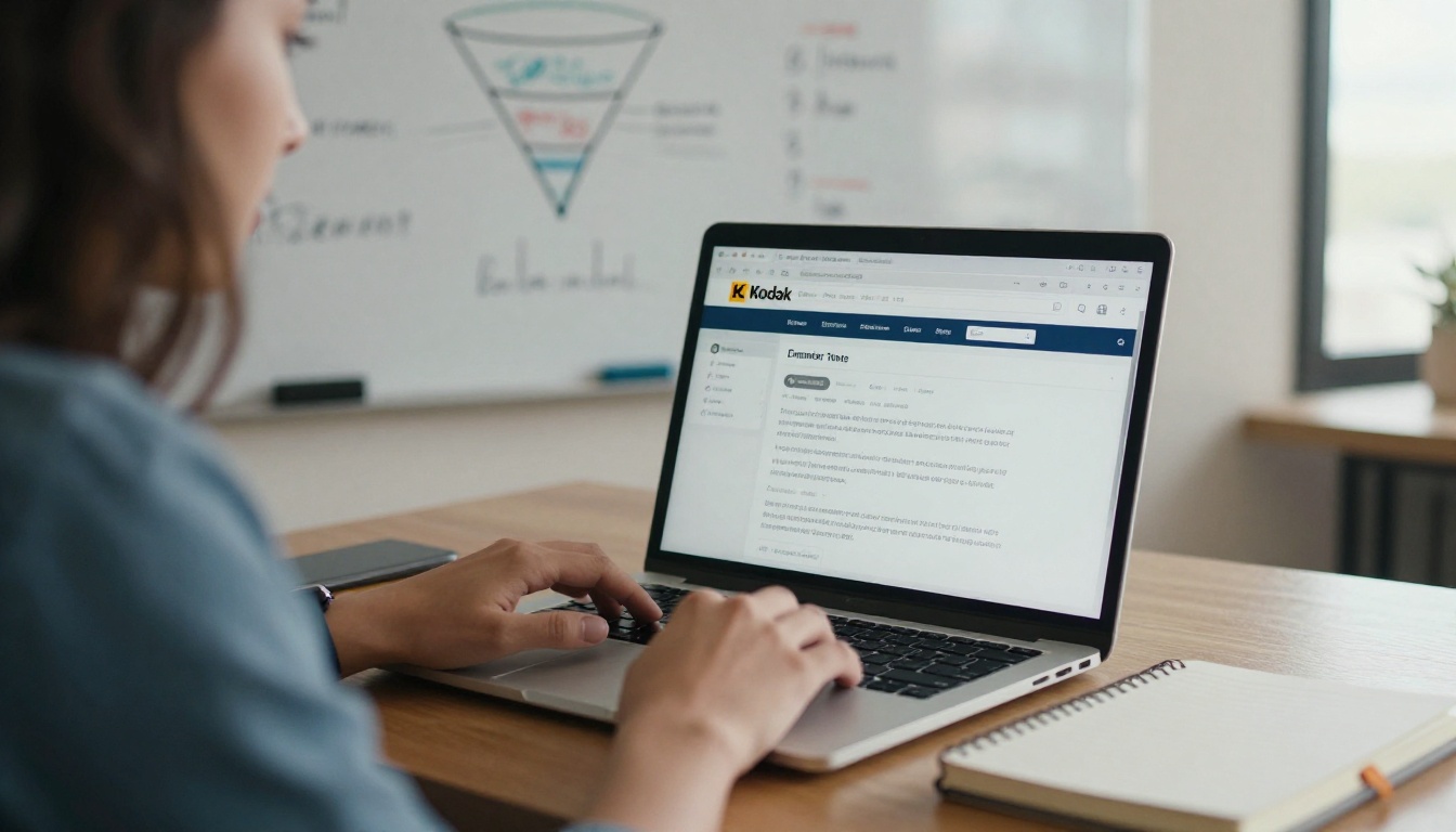 Marketer building an email campaign at a standing desk with a funnel sketch on a whiteboard
