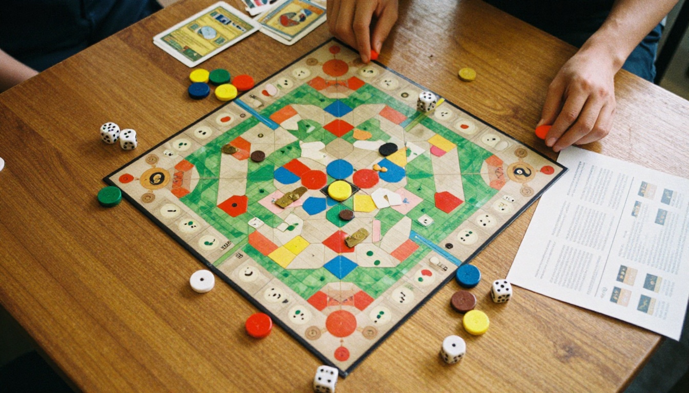Top-down view of a board game in progress beside a printed one-page sheet