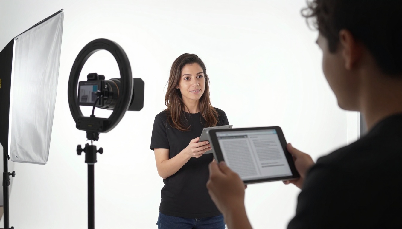 Team member filming a promo video of a colleague holding a tablet with an ebook