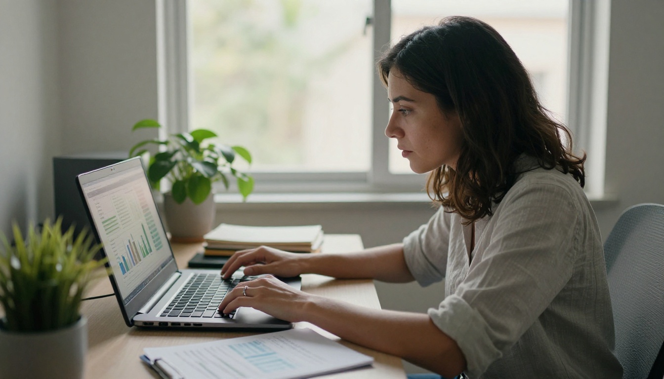 Marketer reviewing analytics charts on a laptop beside a notepad