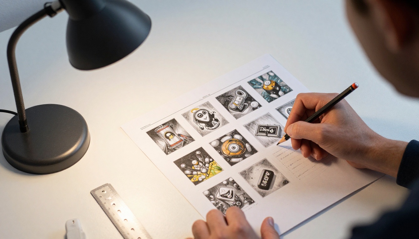 Designer sketching a one-page layout on a notepad