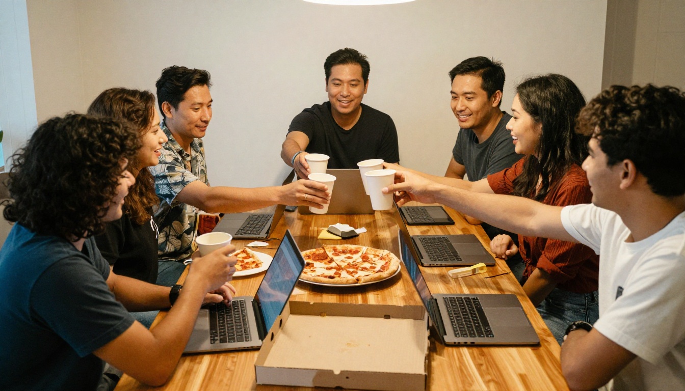 Team sharing pizza and raising cups at a meeting table after a launch