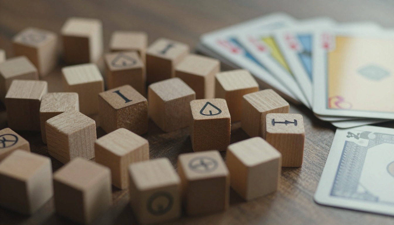 Close-up of wooden tokens, cards and cubes arranged neatly