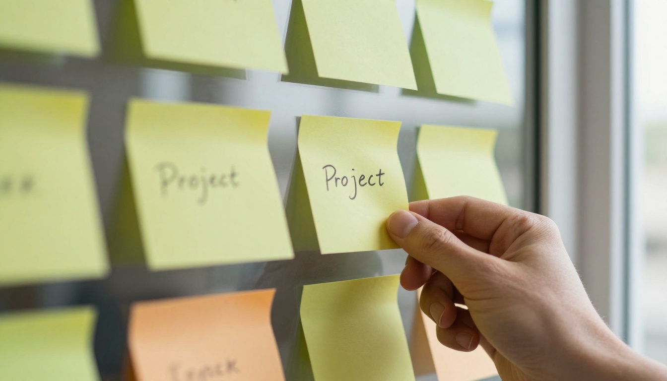 Colored sticky notes forming a project timeline on a glass wall