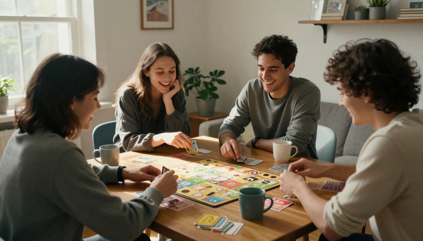 Friends laughing around a table while playtesting a board game