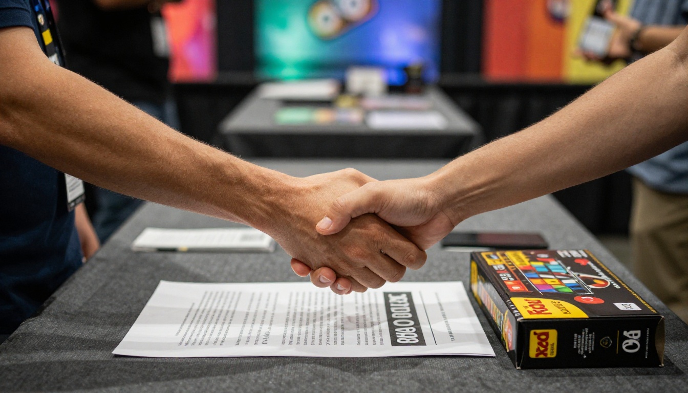 Two people shaking hands at a game convention booth