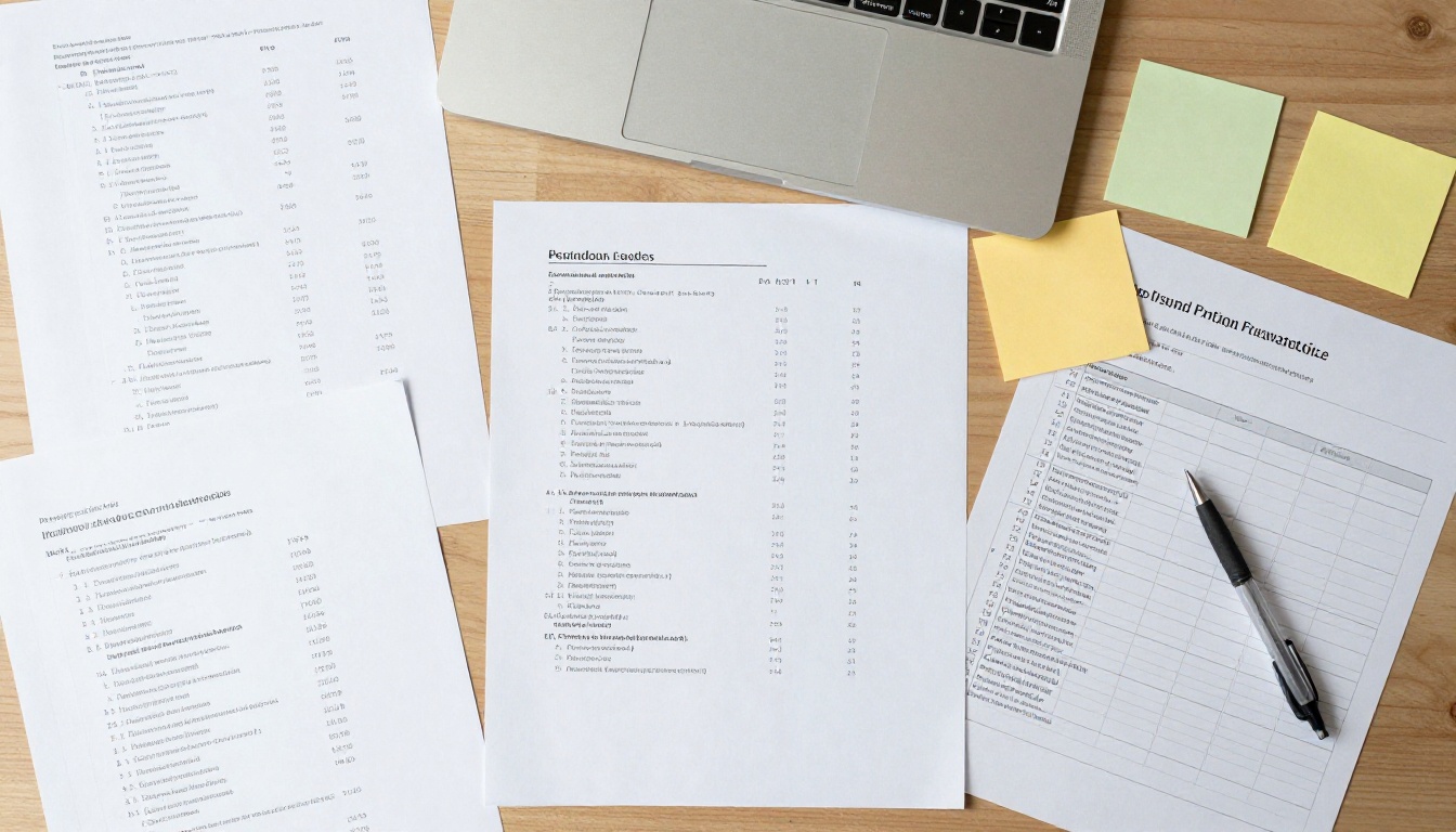 Printed catalog pages arranged for inventory