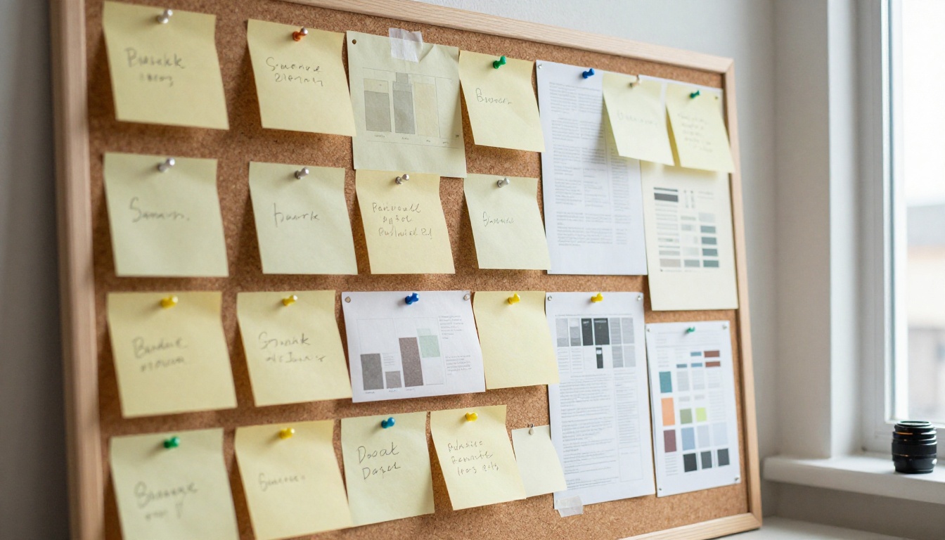 Cork board with pinned sample sheets and notes in a design studio