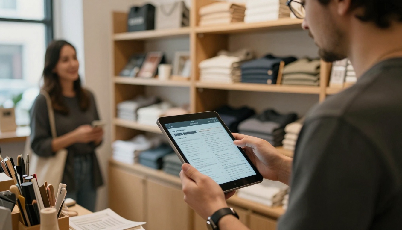 Boutique owner showing a digital catalog