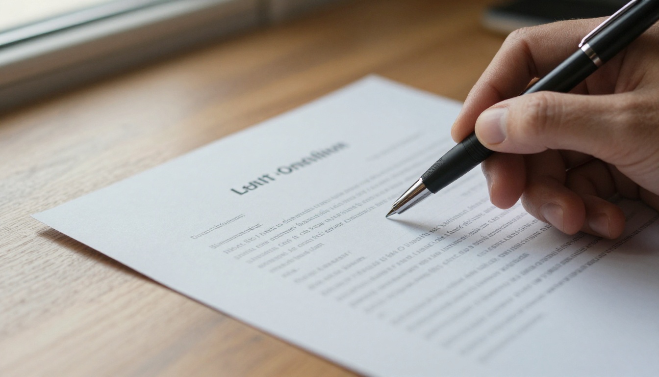 Close-up of a hand holding a printed contract with a pen hovering over small print lines