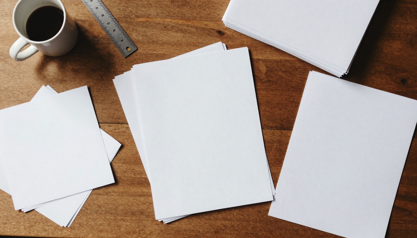 Aerial view of a desk with an open printed brochure and paper pages counted into small piles