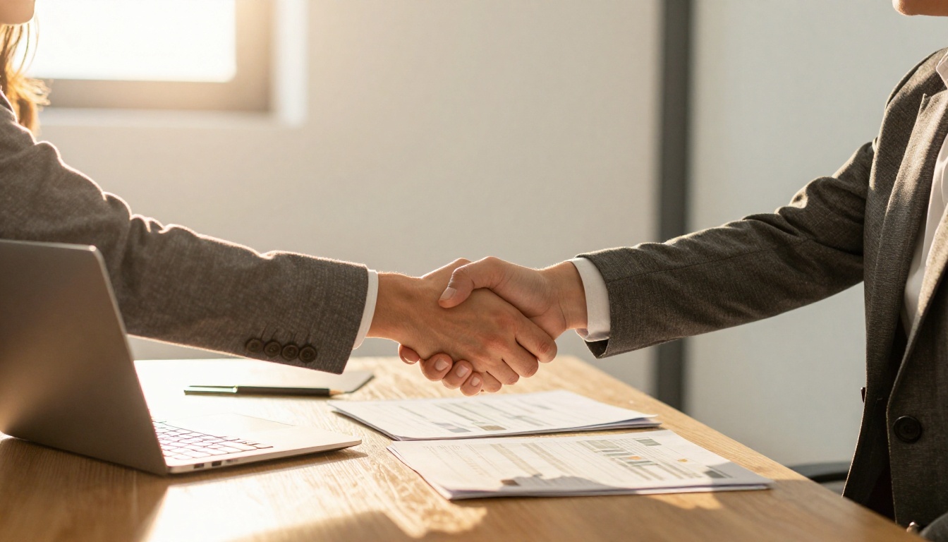 Two colleagues shaking hands after a finished project