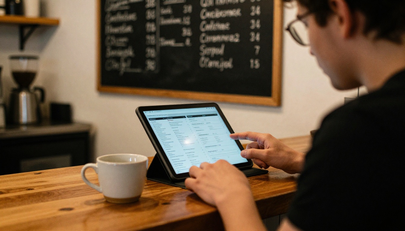 Low angle view of a cafe owner at a counter looking at a tablet showing a menu