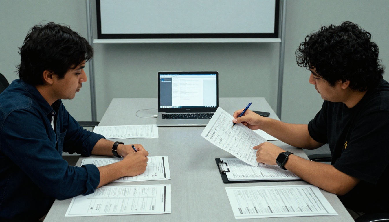 Wide shot of two colleagues at a meeting table comparing printed pricing sheets and a laptop