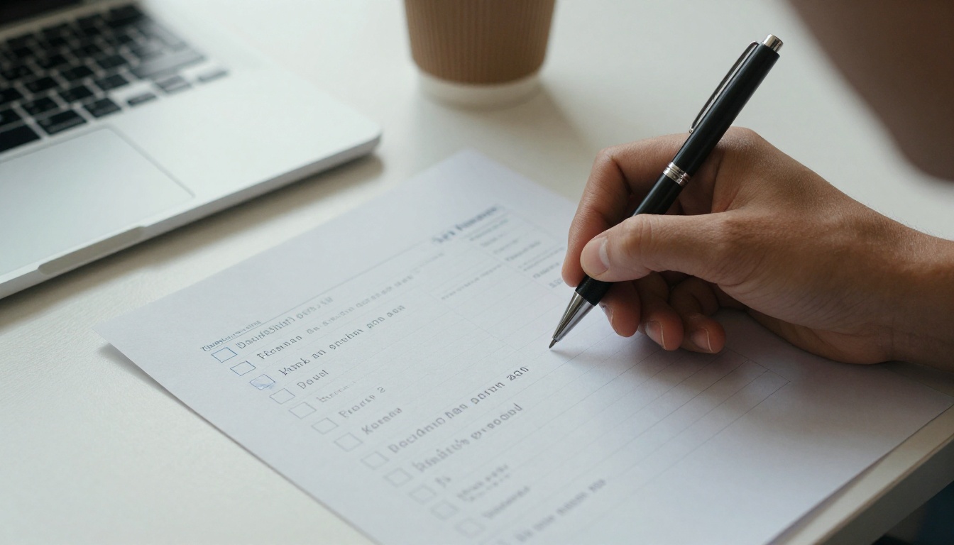 A hand checking boxes on a printed handbook checklist