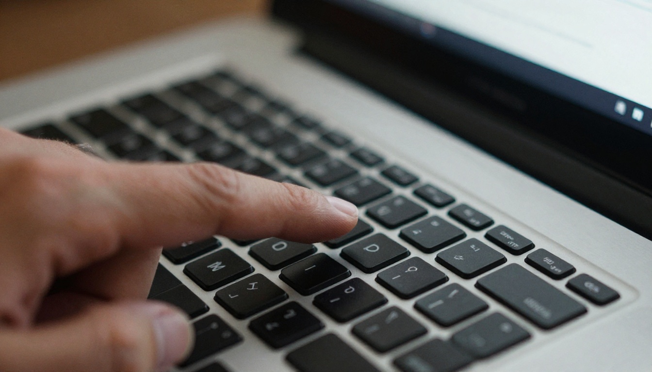 Macro close-up of a laptop keyboard and a hand pointing at a page of a digital magazine on screen