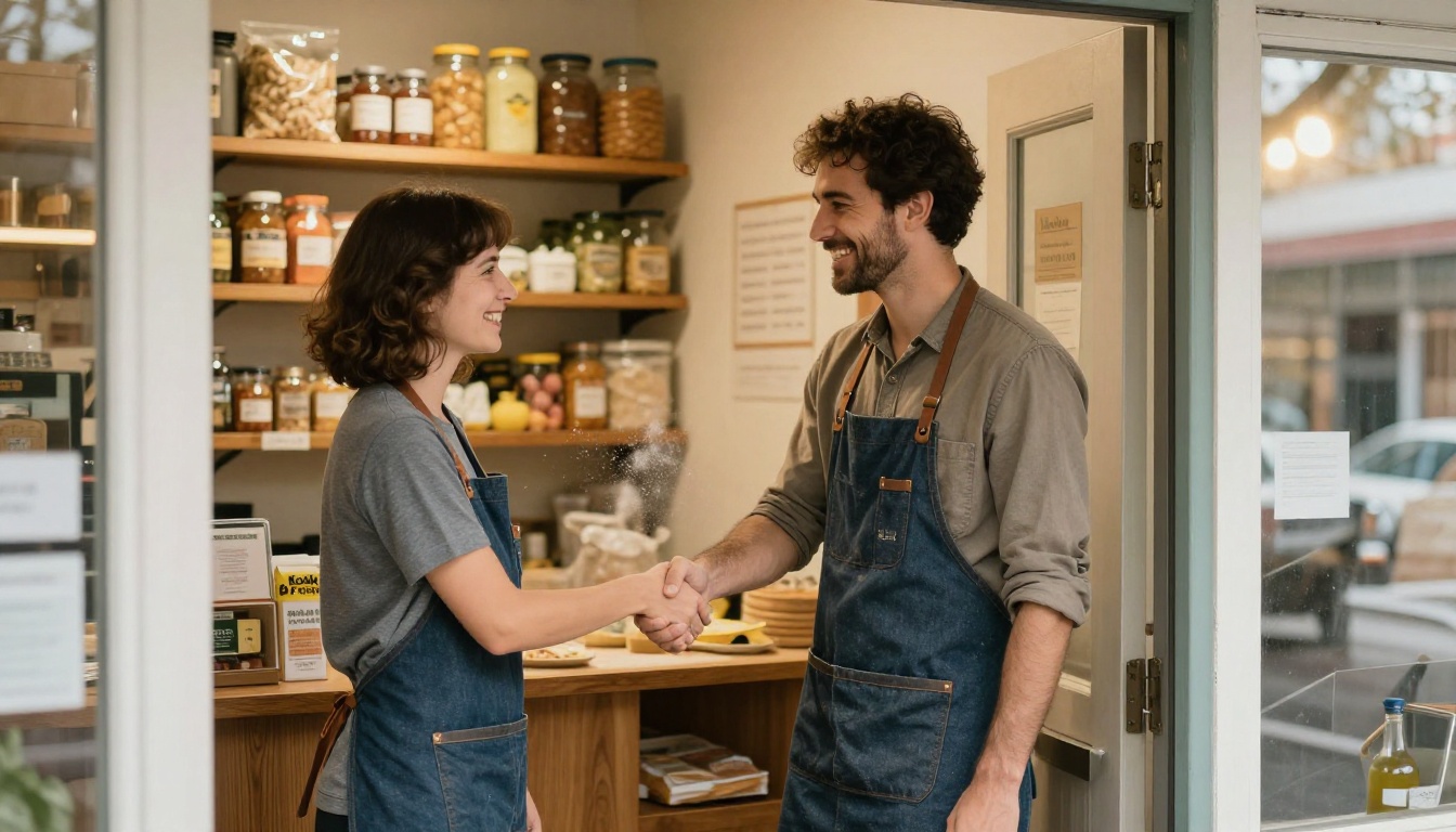 A small business owner shaking hands with a new hire at the door