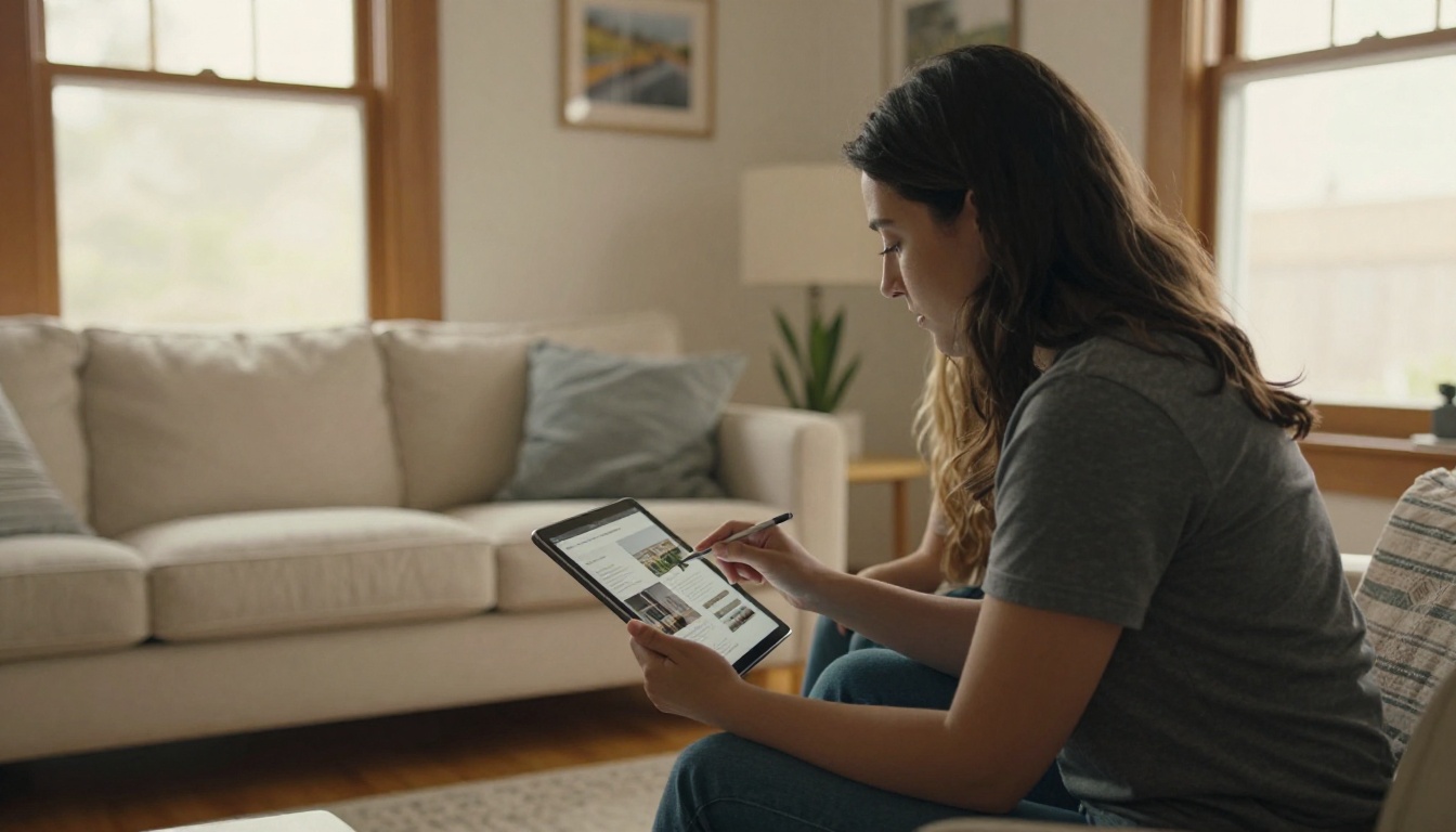 Real estate agent in a bright living room showing a property brochure on a tablet to a couple