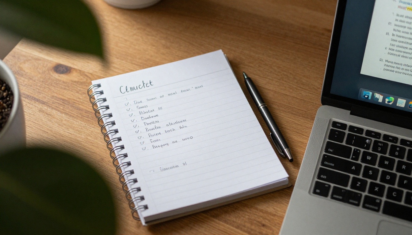 Tidy workspace with a checklist notebook, pen and a laptop displaying a document