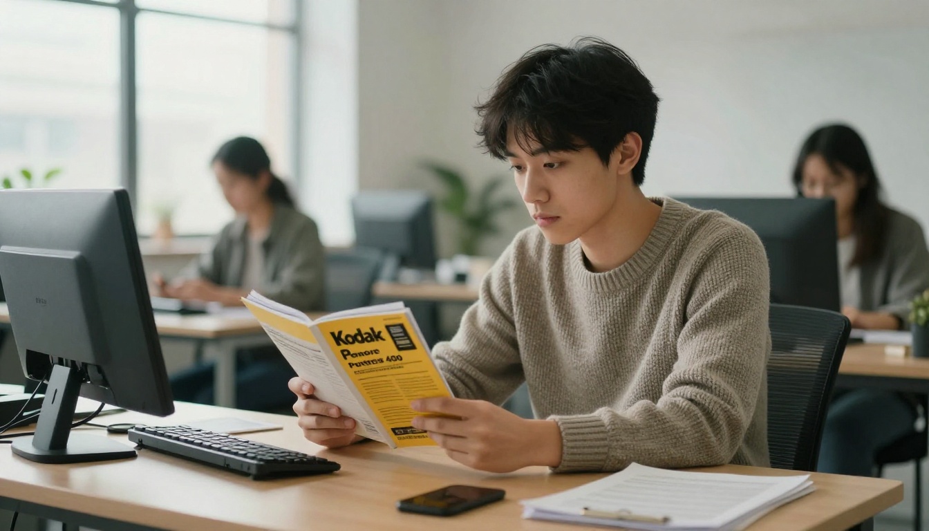 A new employee reading the handbook on a tablet at a standing desk