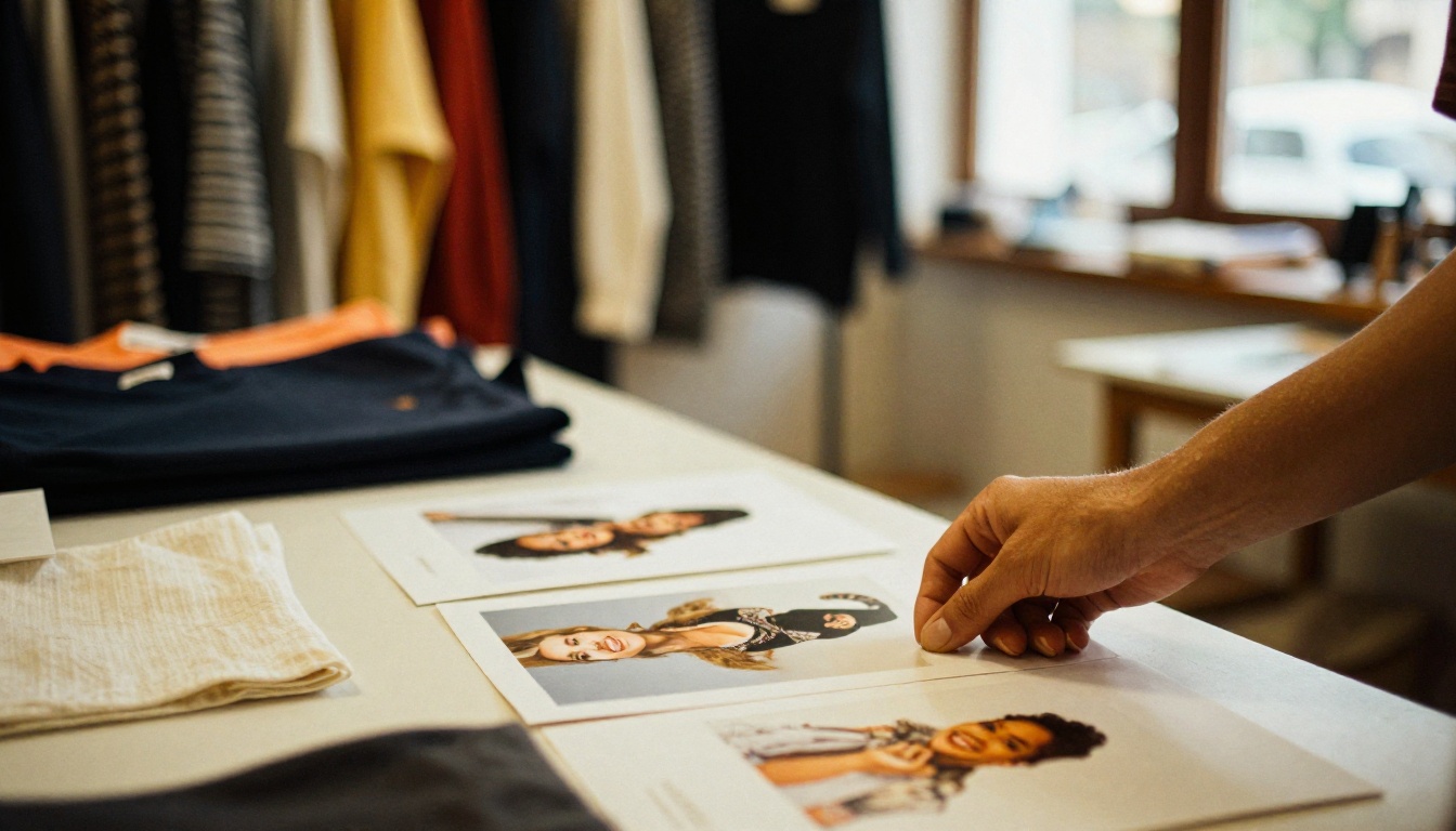 Small boutique owner smiling while arranging a printed lookbook on a shop table