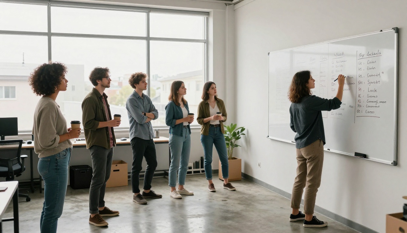 Team members around a whiteboard writing out company values