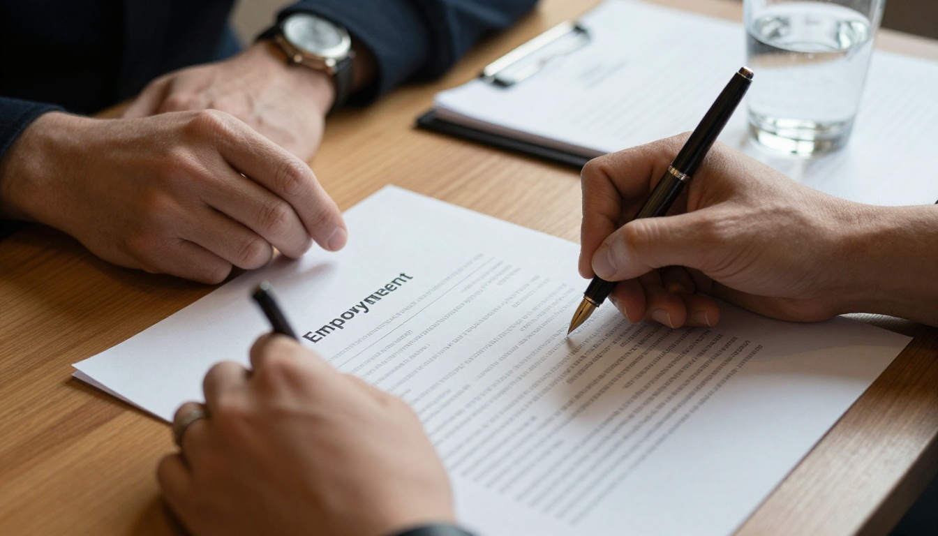 Two people's hands signing an employment document