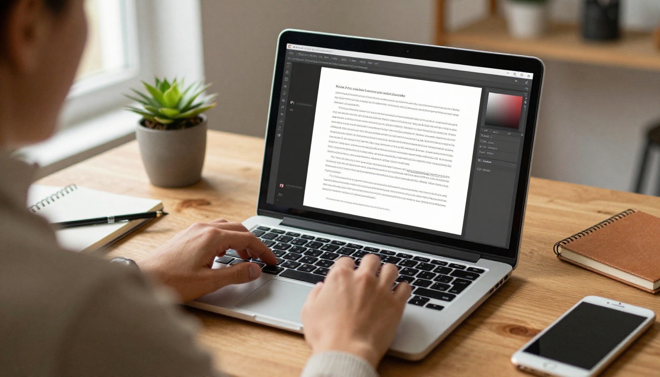 A manager reviewing a digital page-turning handbook on a laptop