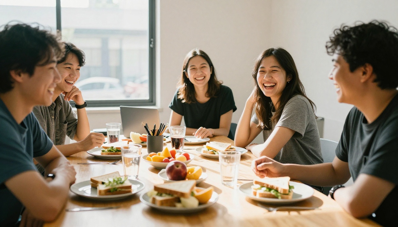 Colleagues laughing together at a team lunch