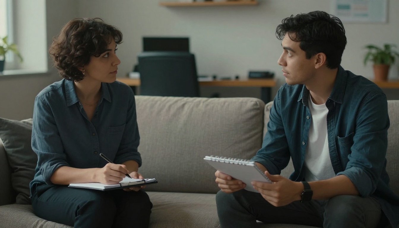 A manager and employee talking one on one on a sofa