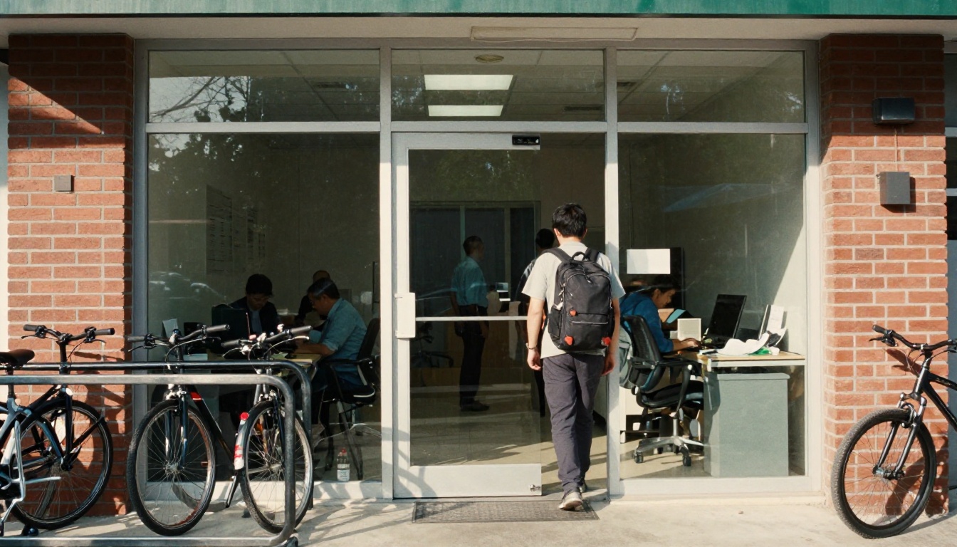 A new hire walking through the glass entrance of a small office
