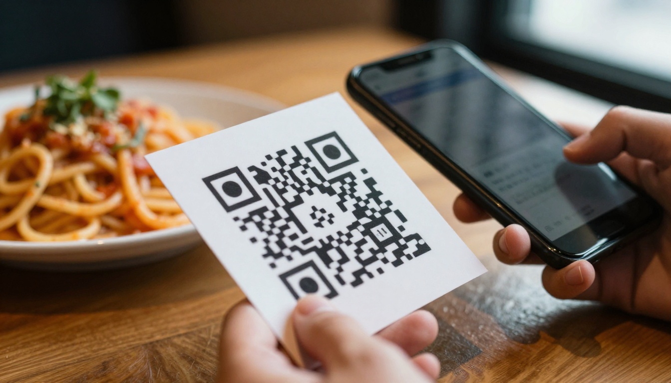 Hand scanning a QR code on a restaurant table card Hand scanning a QR code on a restaurant table card