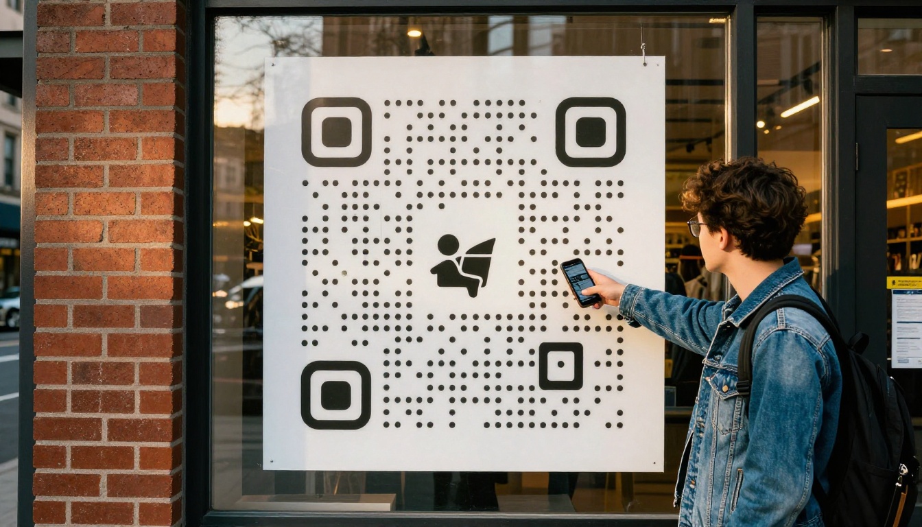 Shopper scanning a QR code on a retail window poster Shopper scanning a QR code on a retail window poster
