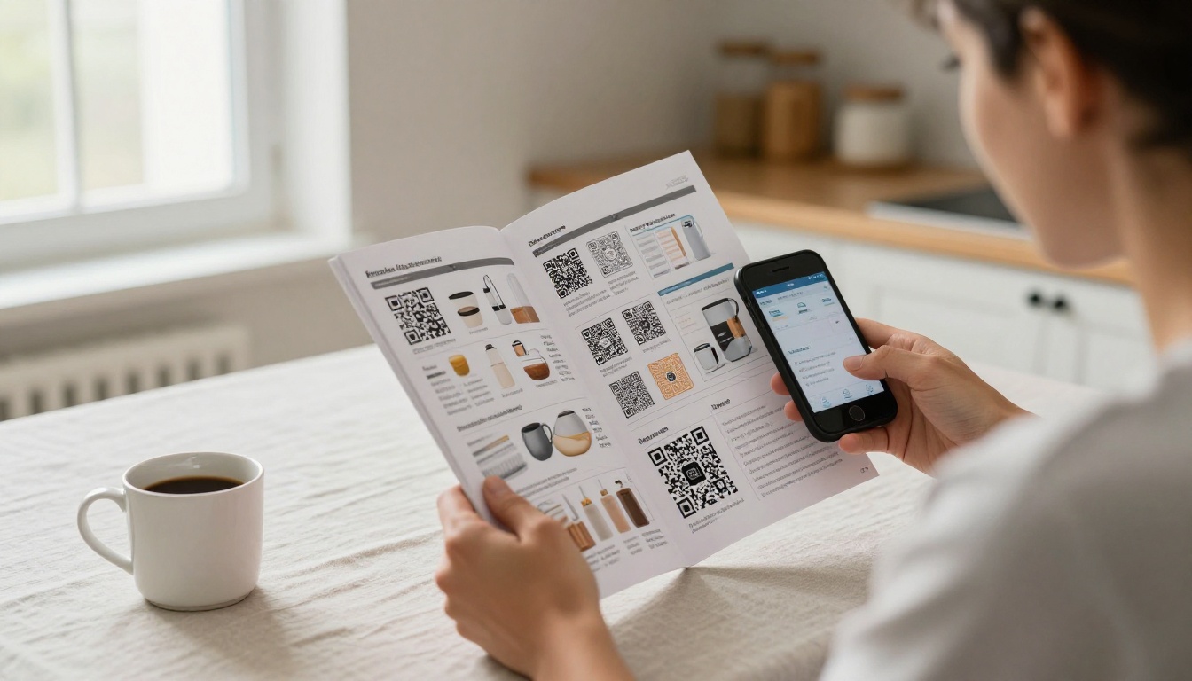 Couple reading a printed catalog with QR codes at a kitchen table Couple reading a printed catalog with QR codes at a kitchen table