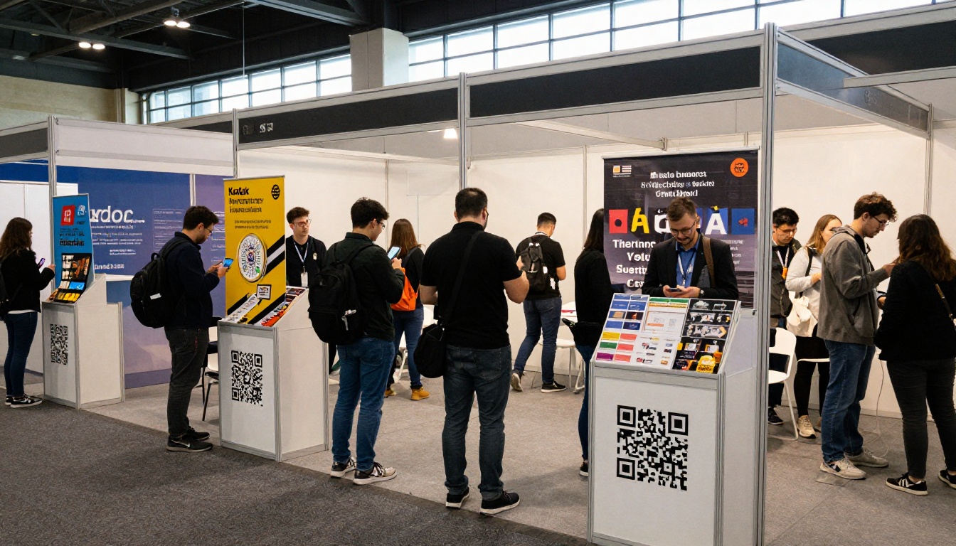 Trade show booth with brochures and QR codes Trade show booth with brochures and QR codes