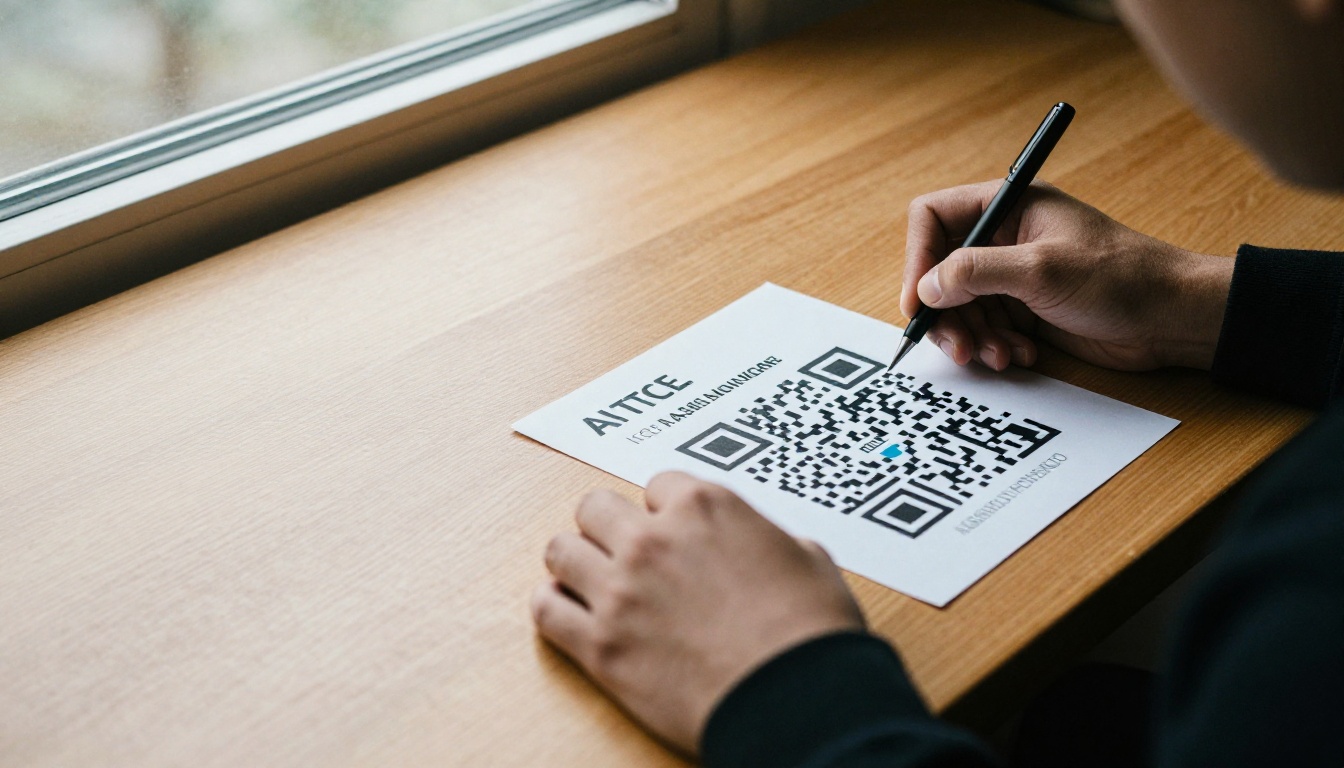 Colleagues reviewing direct mail postcards with QR codes Colleagues reviewing direct mail postcards with QR codes