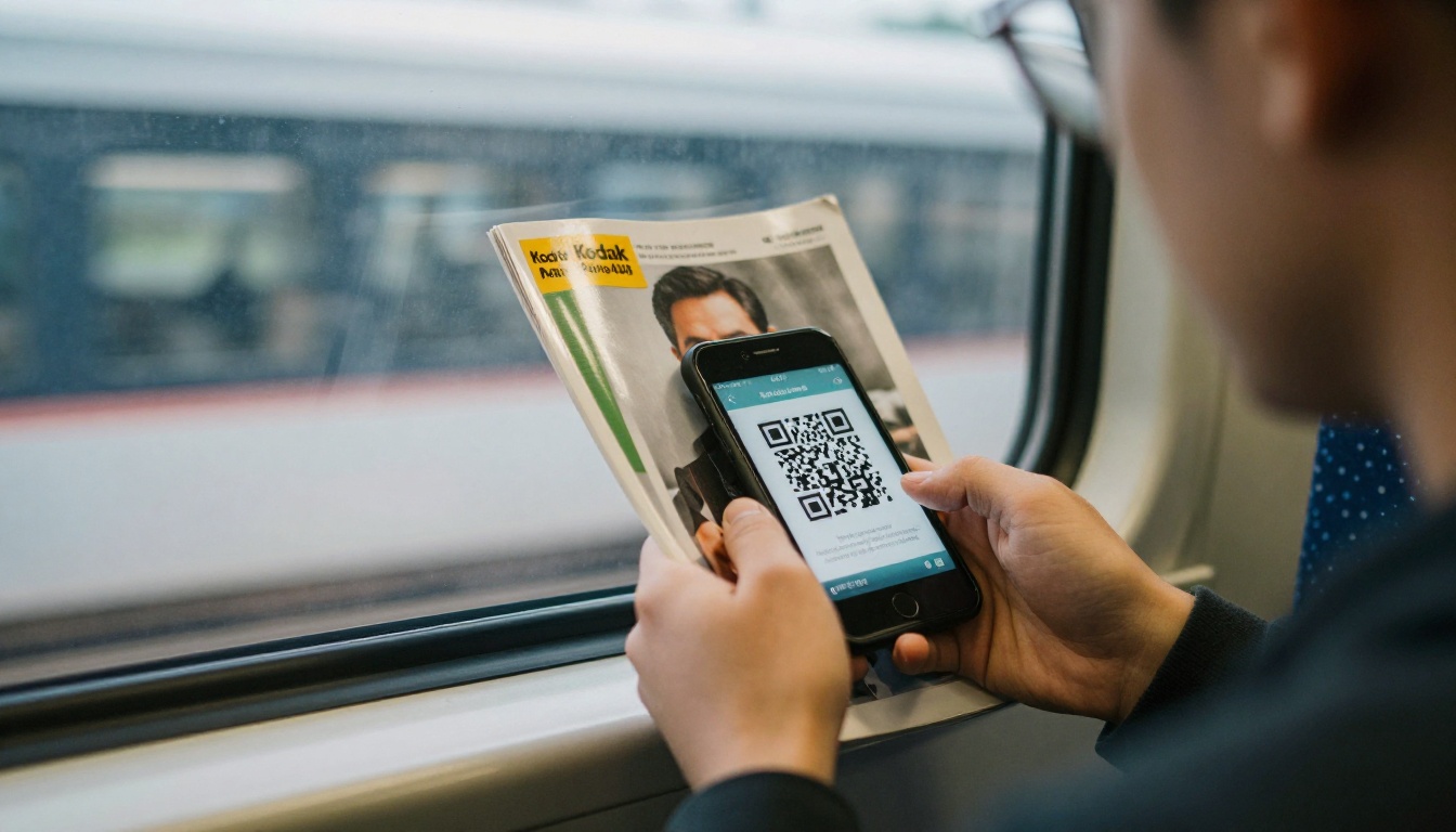 Commuter scanning a QR code on a magazine ad Commuter scanning a QR code on a magazine ad