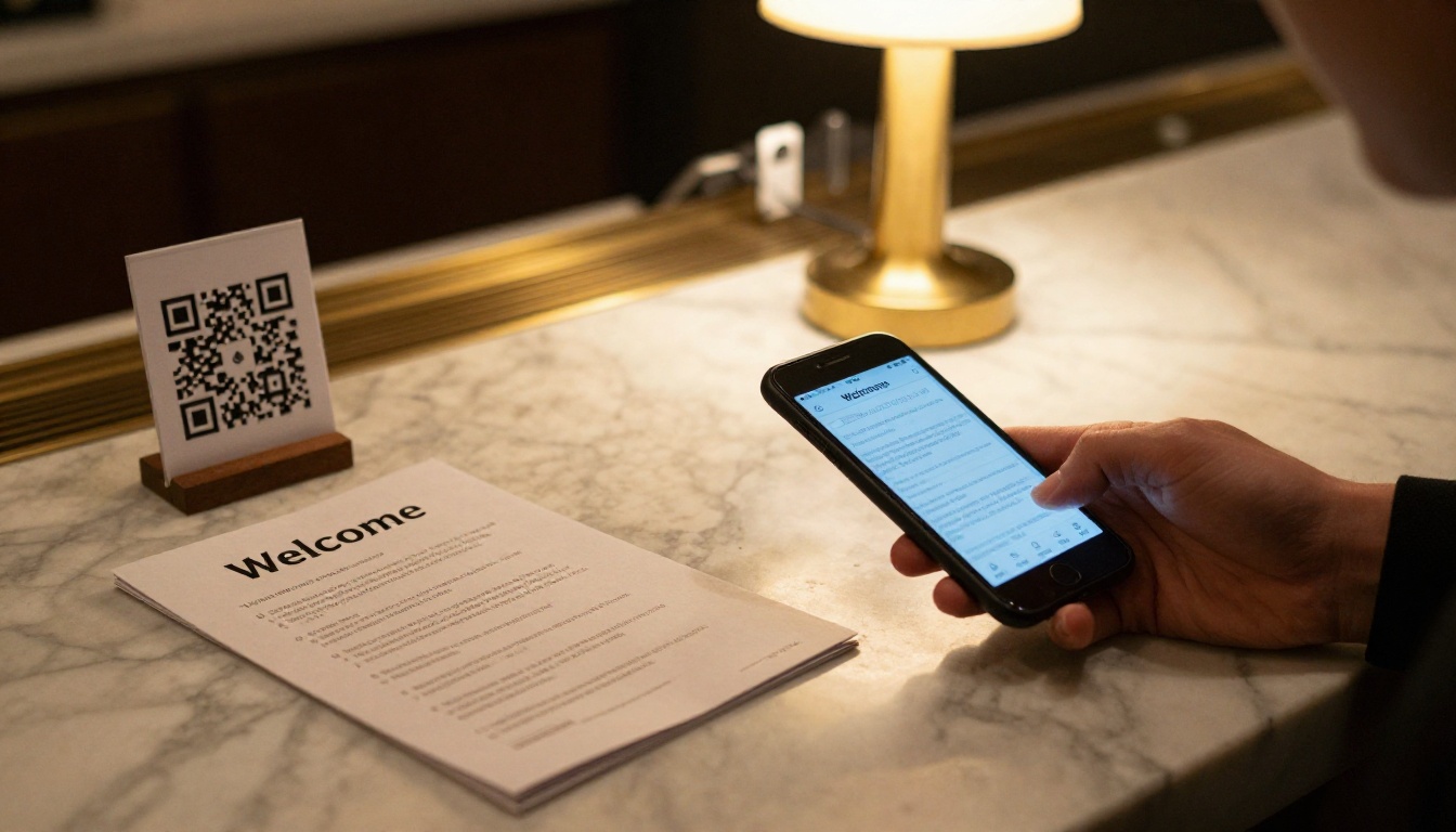 Guest scanning a QR code on a hotel reception brochure stand Guest scanning a QR code on a hotel reception brochure stand