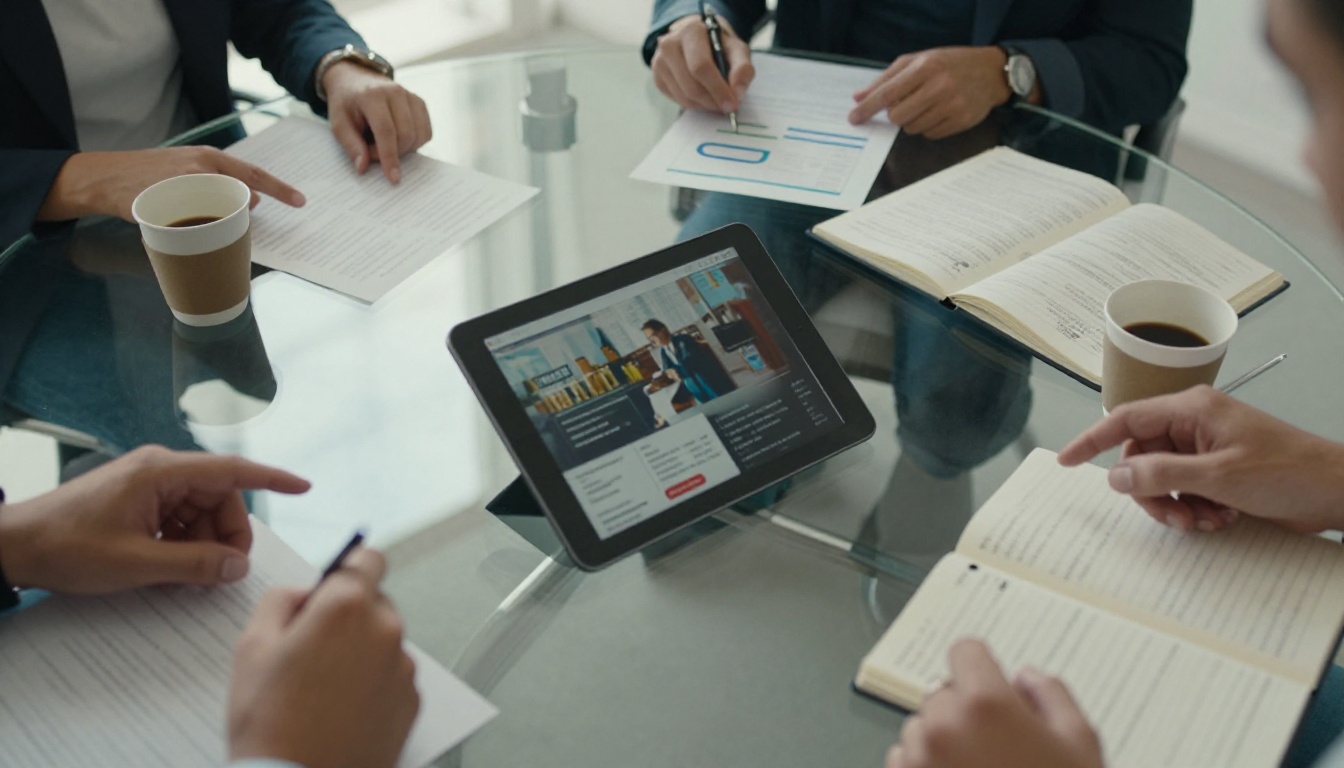 Buying committee reviewing materials around a table