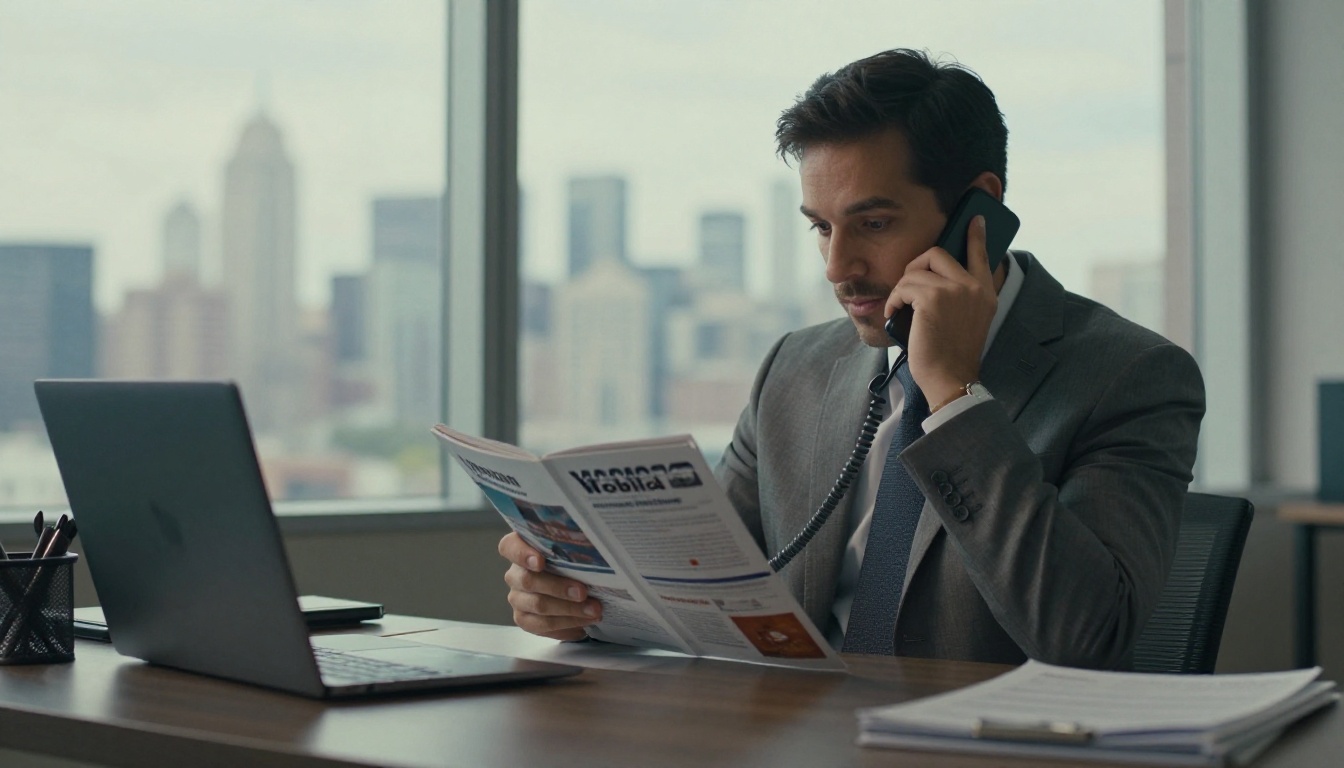 Sales representative on a call with a catalog open