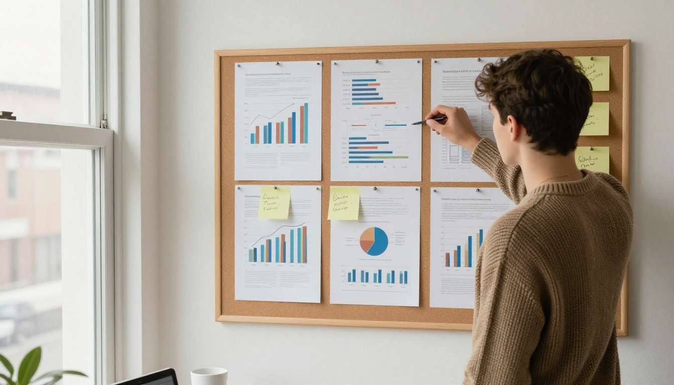 Marketer reviewing printed analytics charts
