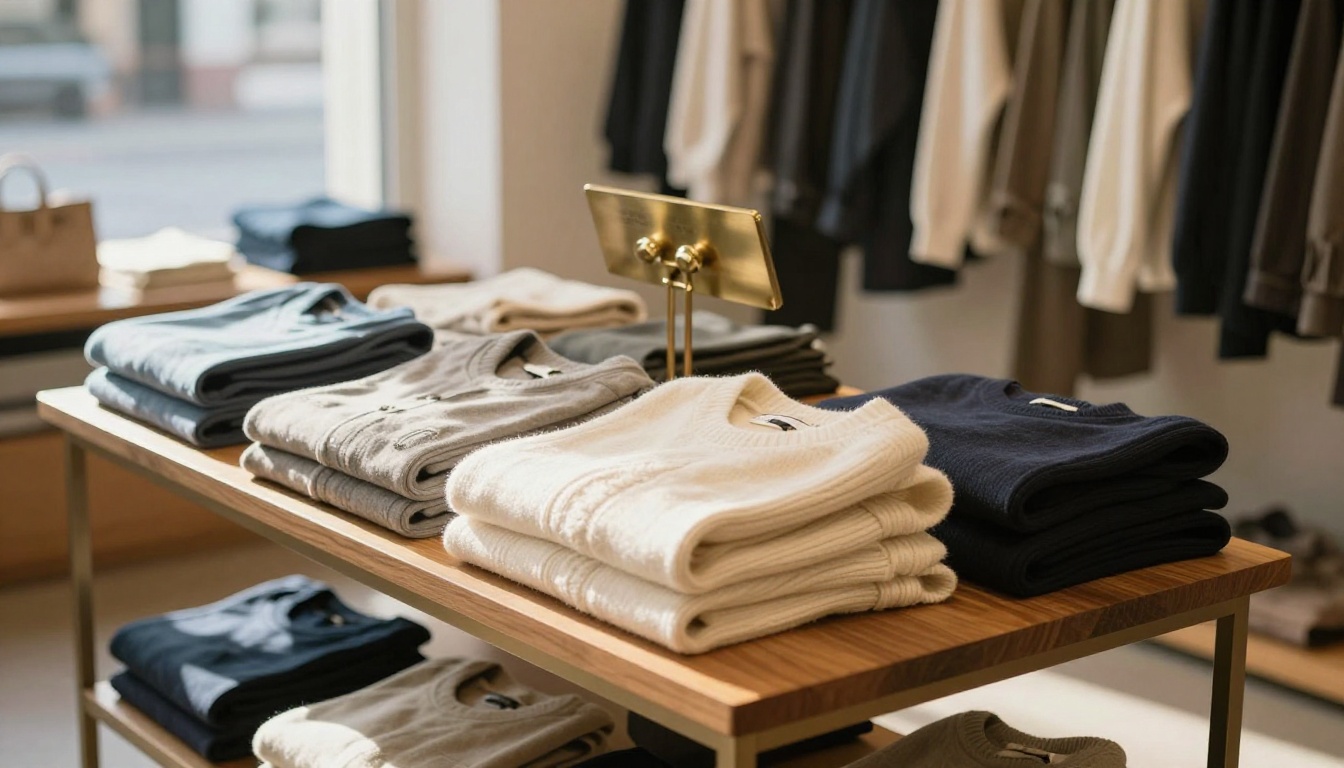A boutique owner arranging folded sweaters on a wooden display table A boutique owner arranging folded sweaters on a wooden display table