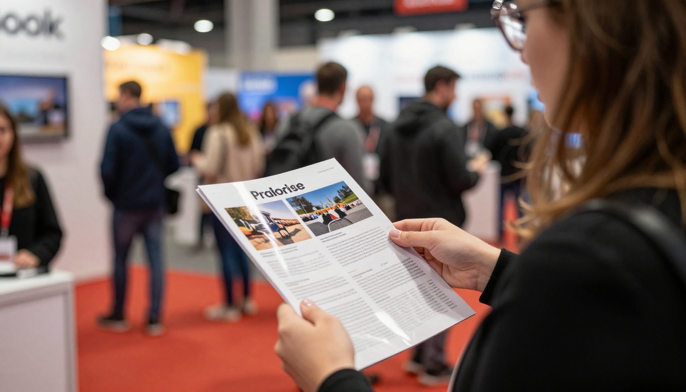 Trade show booth handing out a printed brochure