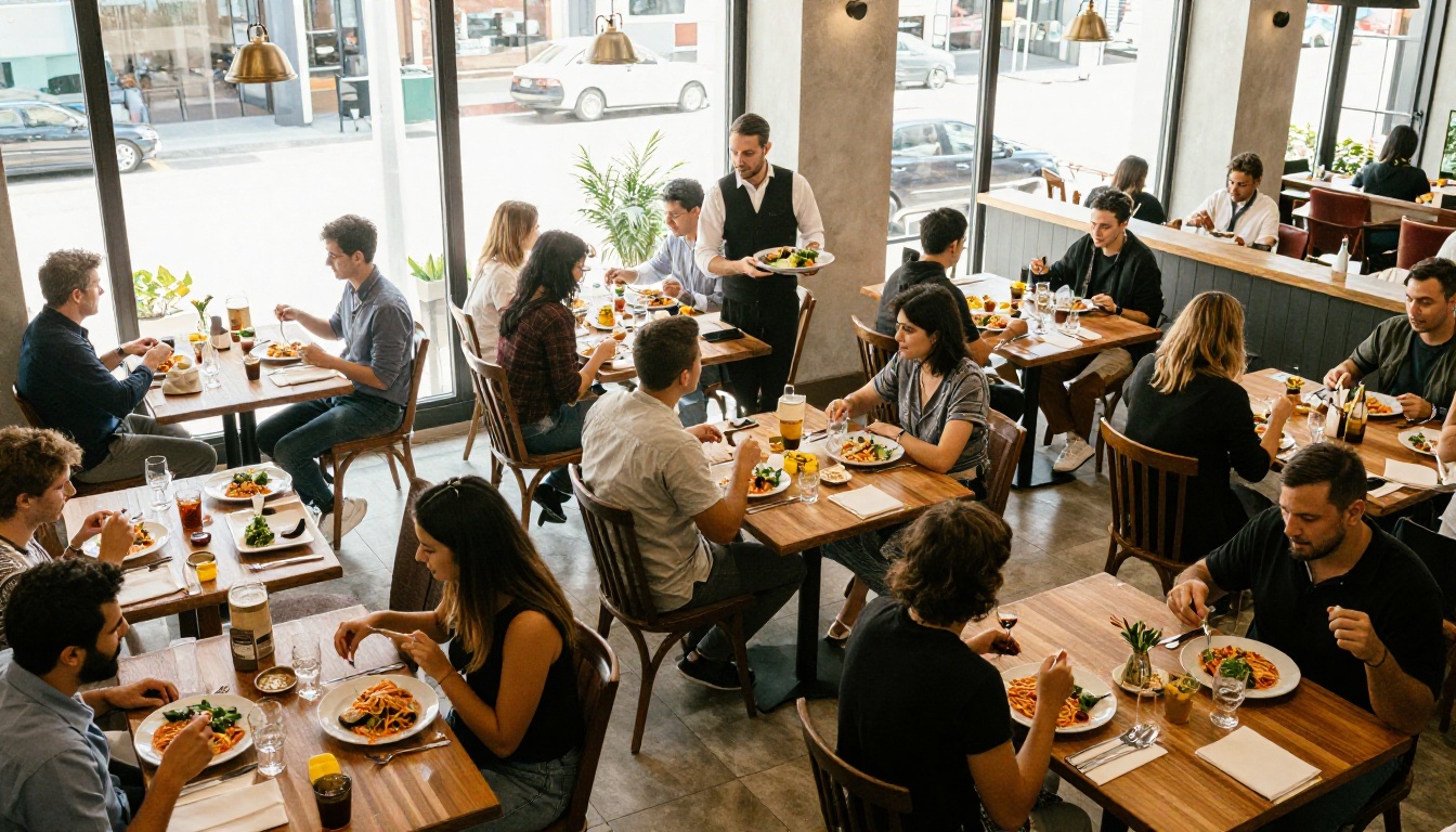 A busy restaurant dining room seen from above at lunchtime A busy restaurant dining room seen from above at lunchtime