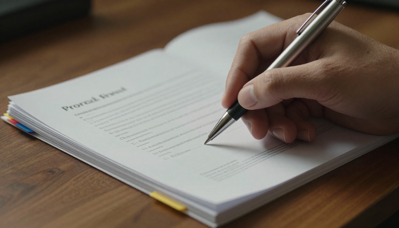 Hand reviewing a stack of printed proposals