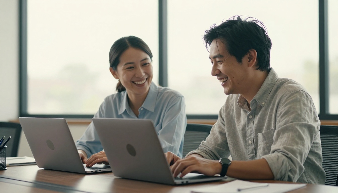 Two colleagues reviewing a document on a laptop